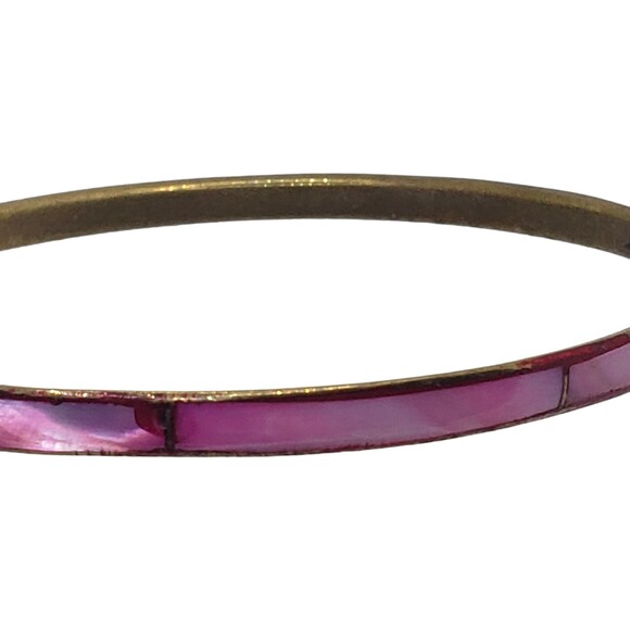 Vintage Inlay MOP Shell Brass Thin Bangle Bracelet Dyed Dark Pink - Picture 6 of 8
